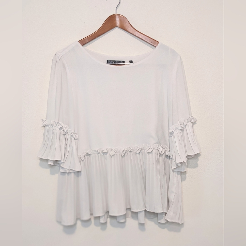 P Luca Milano Flowy Bottom Pleated 3/4 Sleeve Top L